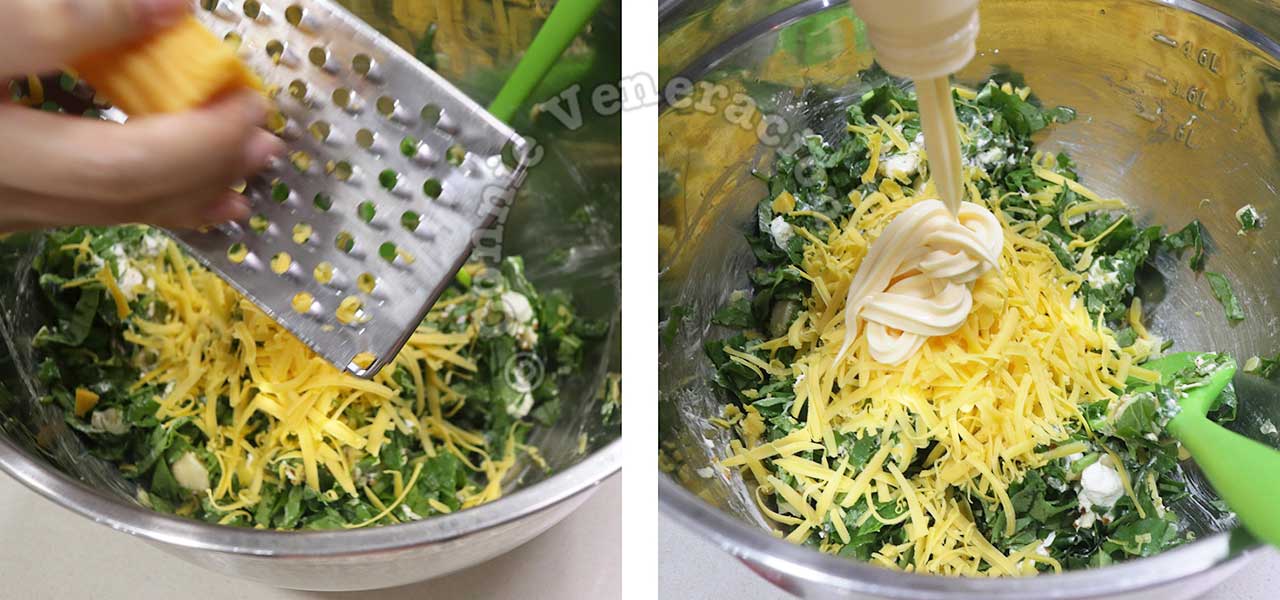 Adding cheddar and mayo to spinach artichoke dip