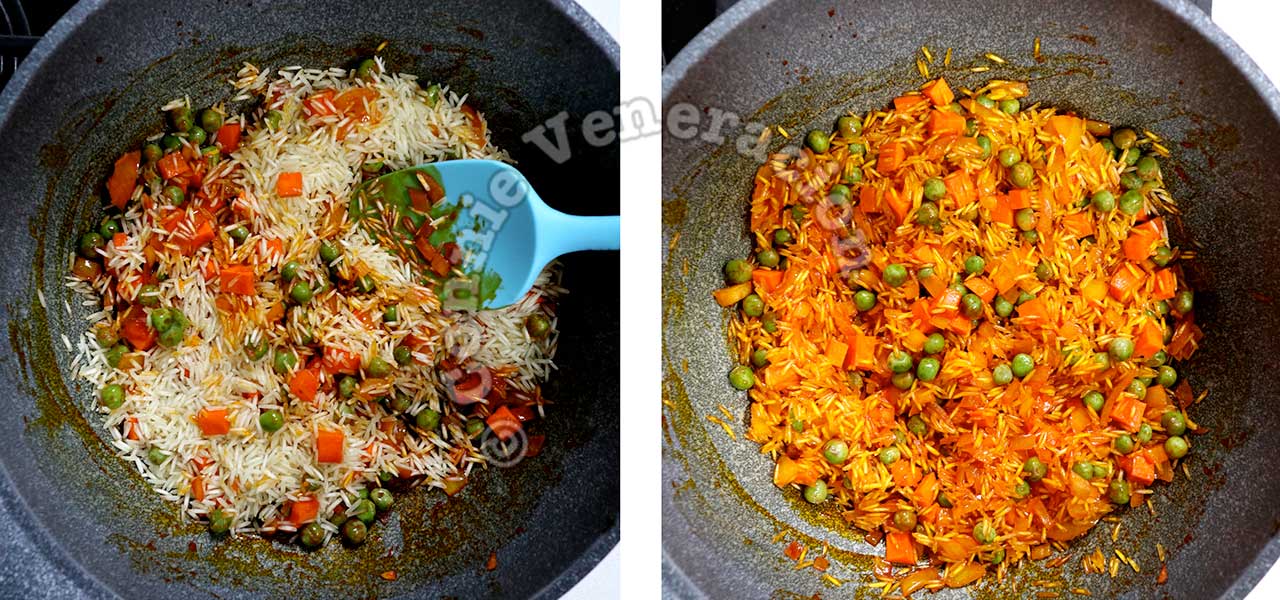 Adding rice to vegetables in achiote oil