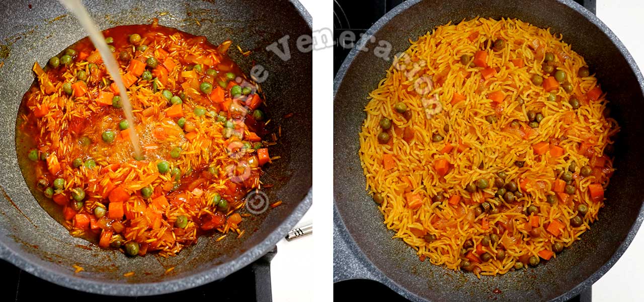 Pouring broth over rice and vegetables to cook yellow rice
