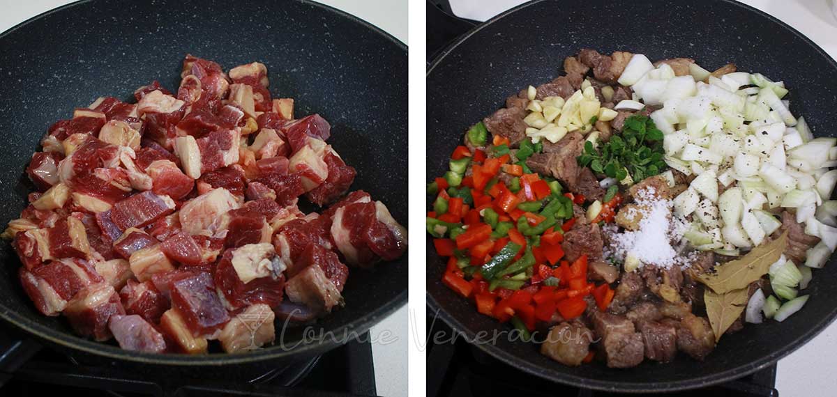 Browning cubed beef before sauteeing with onion, garlic, oregano, bell pepper and bay leaves
