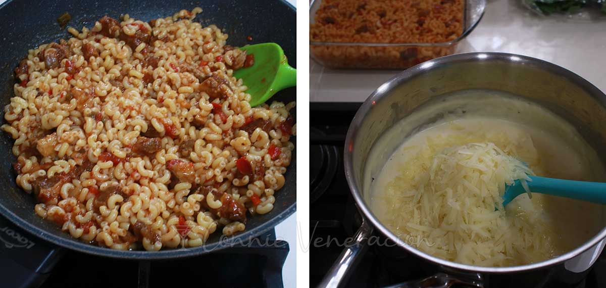 Pasta tossed with ragu / Mornay sauce in pot