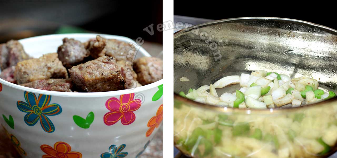 Left: browned beef; right: sauteeing garlic, onion and celery in amber glass pot