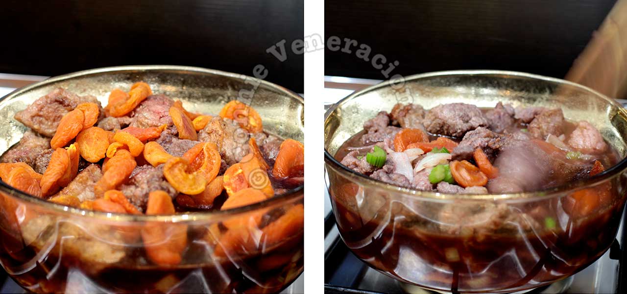 Adding dried apricots to beef and red wine in pot