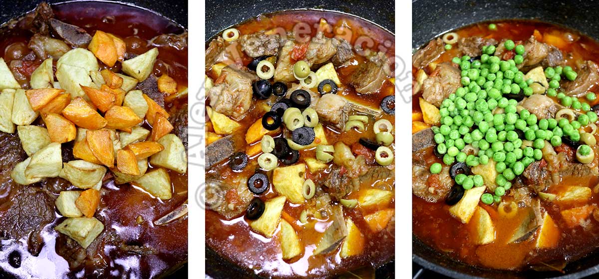 Adding fried carrot and potatoes, olives and peas to beef kaldereta