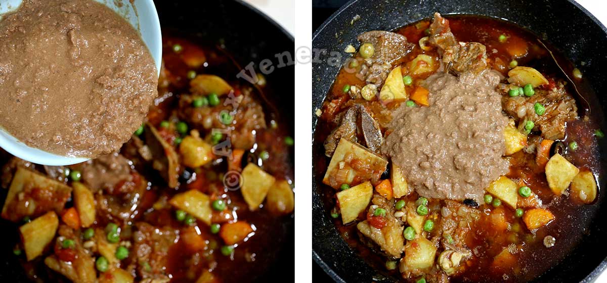 Adding mashed chicken liver to beef kaldereta