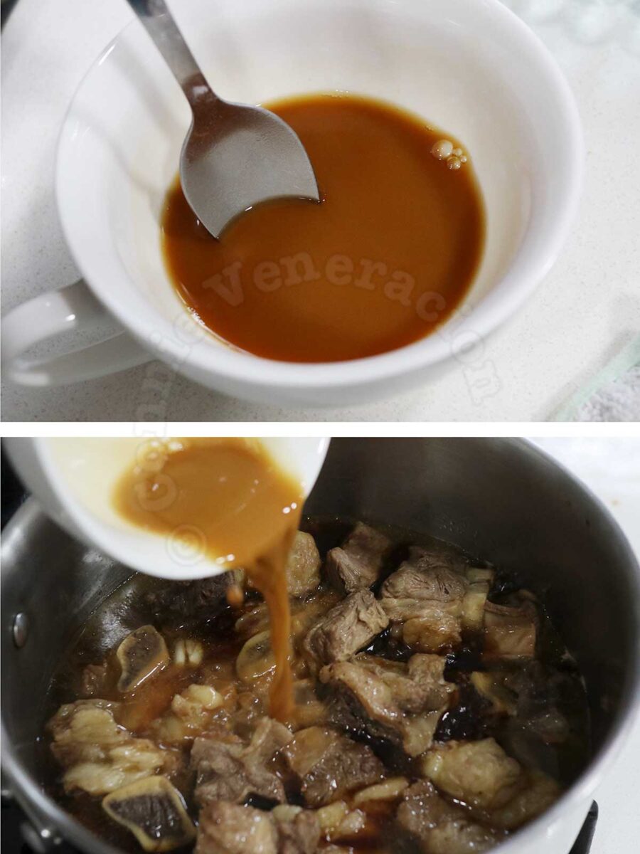 Thickening beef pares sauce with starch solution