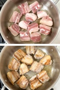 Browning pork belly cubes in olive oil