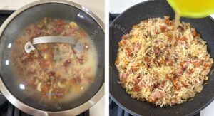 Drizzling citrus juice over newly cooked bacon and sausage pilaf