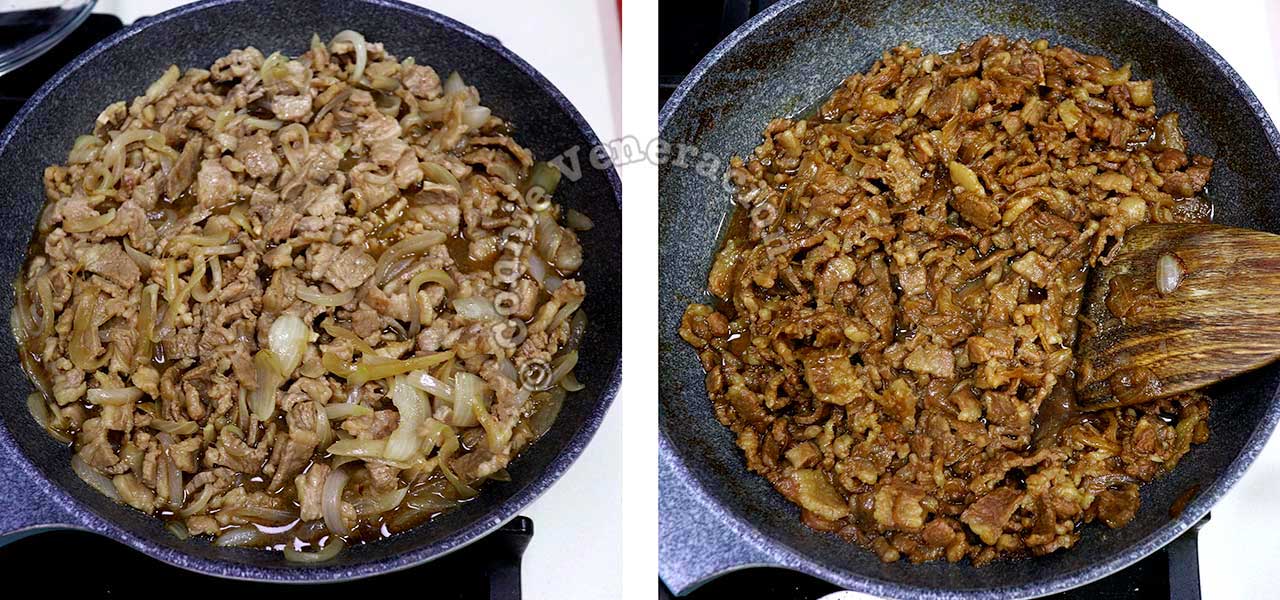 Simmering onion and beef in seasonings to cook gyudon