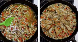 Cooking chicken, mushrooms and rice casserole in a cast iron pan