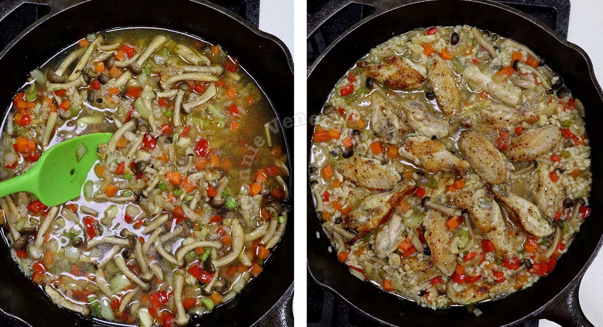 Cooking chicken, mushrooms and rice casserole in a cast iron pan