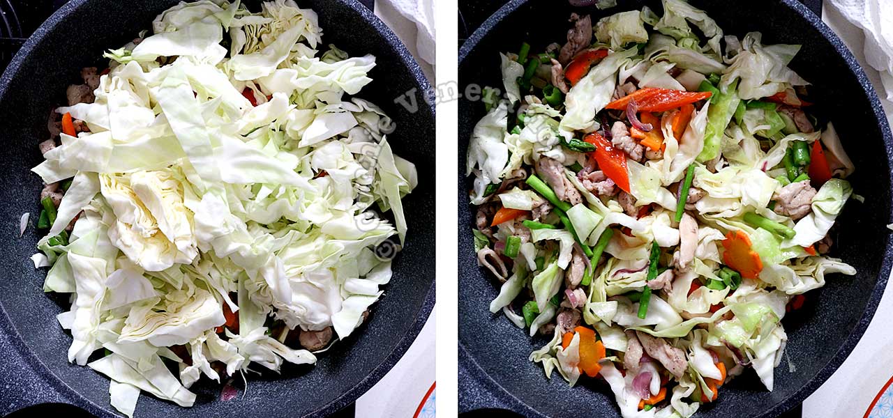 Stir frying chicken and vegetables