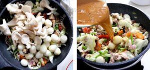 Pouring sauce over chicken chop suey