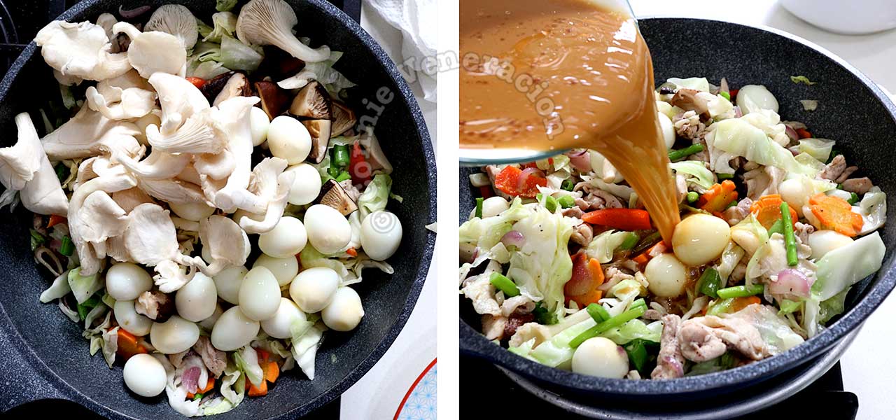 Pouring sauce over chicken chop suey