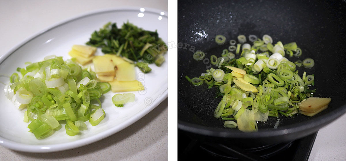 Scallions, cilantro stems and ginger on plate an in wok
