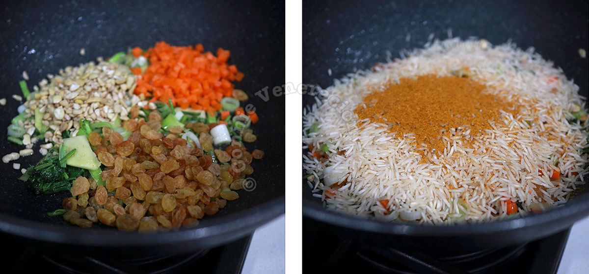 Sauteeing spices, vegetables, rice and curry powder