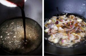 Making oyakodon sauce with dashi, sake, mirin, soy sauce and sugar before adding sliced onions