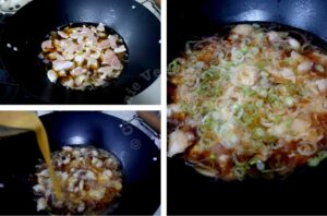 Simmering chicken, beaten eggs and scallions to make oyakodon