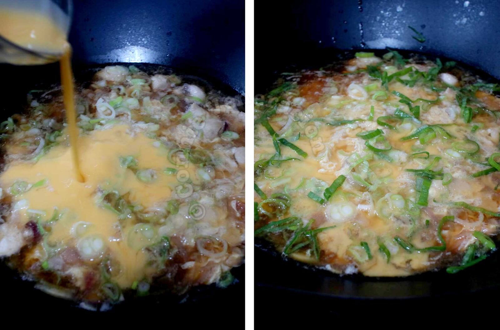 Cooking oyakodon in a wok