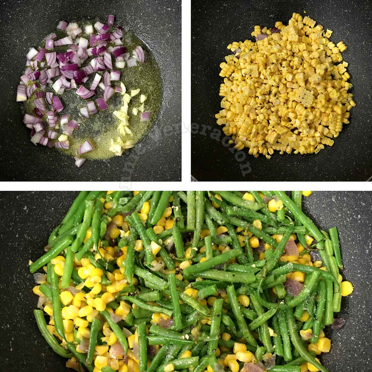 Sauteeing onion and garlic in butter before adding sweet corn and haricot verts