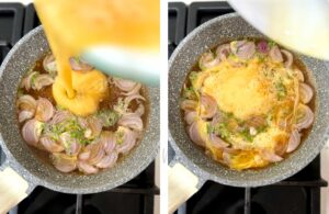Pouring beaten eggs over simmering broth