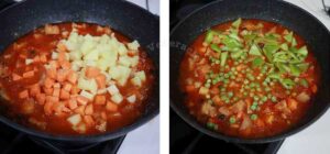 Adding carrot, potato, bell pepper and peas to Filipino pork menudo