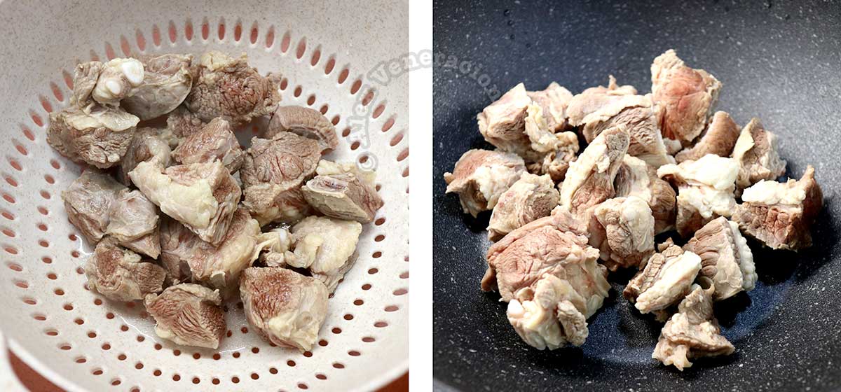 Rinsing and draining parboiled beef short ribs