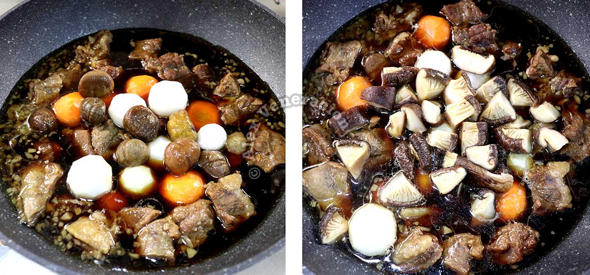 Adding radish, carrot and shiitake to Korean braised beef short ribs (galbi-jjim)