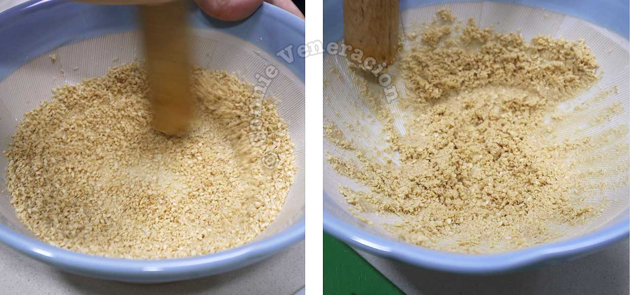 Grinding toasted sesame seeds in suribachi