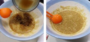 Adding dashi, vinegar, mirin, soy sauce and sugar to ground sesame seeds