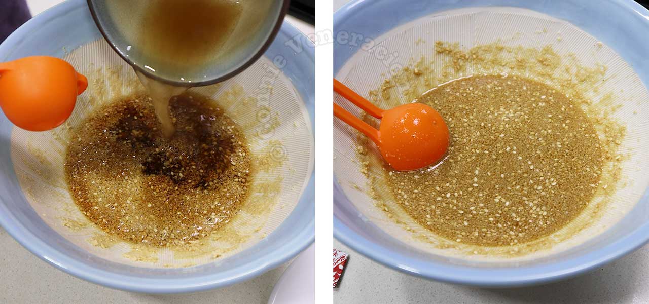 Adding dashi, vinegar, mirin, soy sauce and sugar to ground sesame seeds