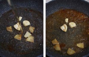 Pouring mirin in pan with sauteed garlic and ginger