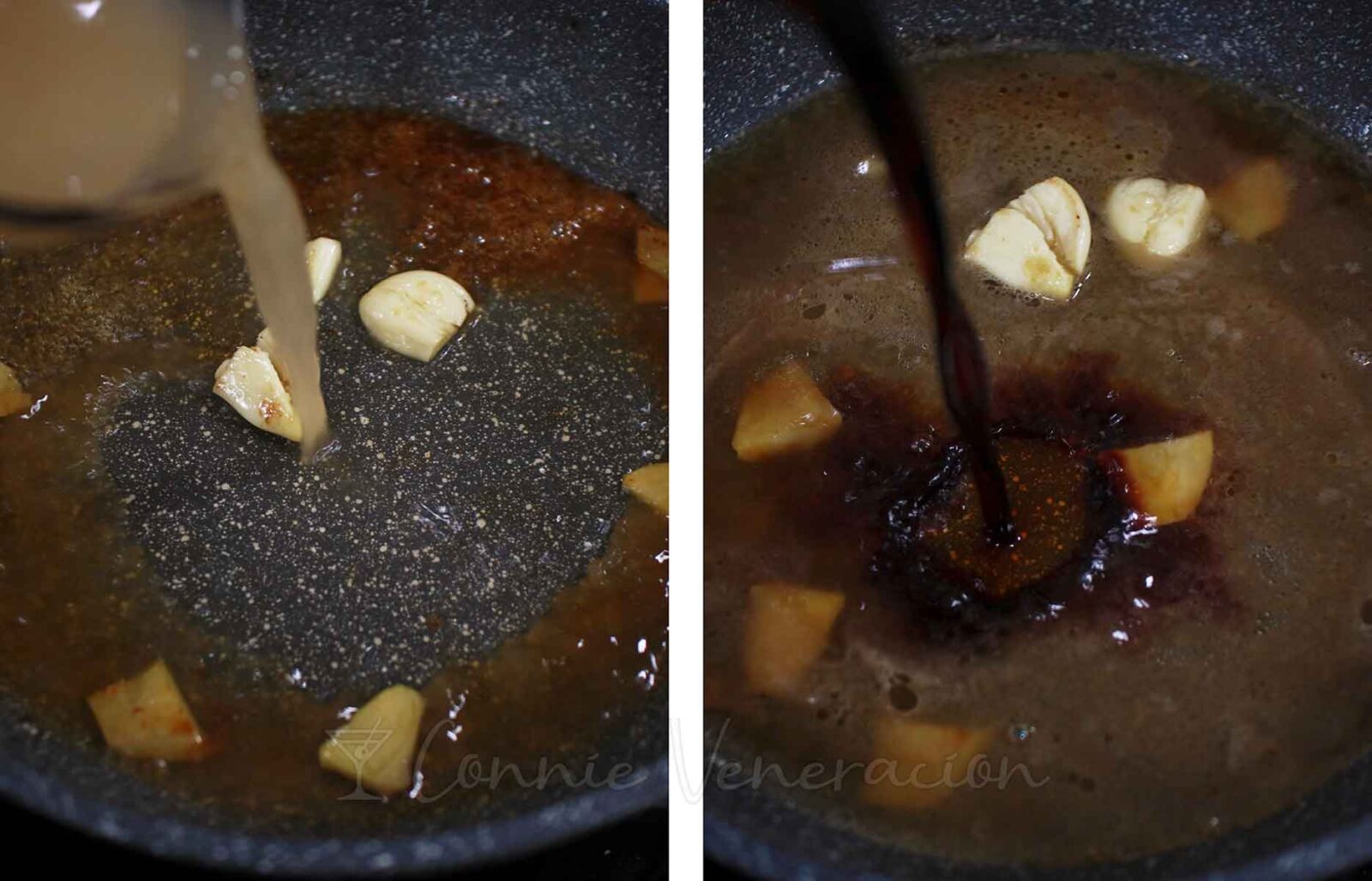 Pouring dashi and soy sauce in pan with ginger and garlic