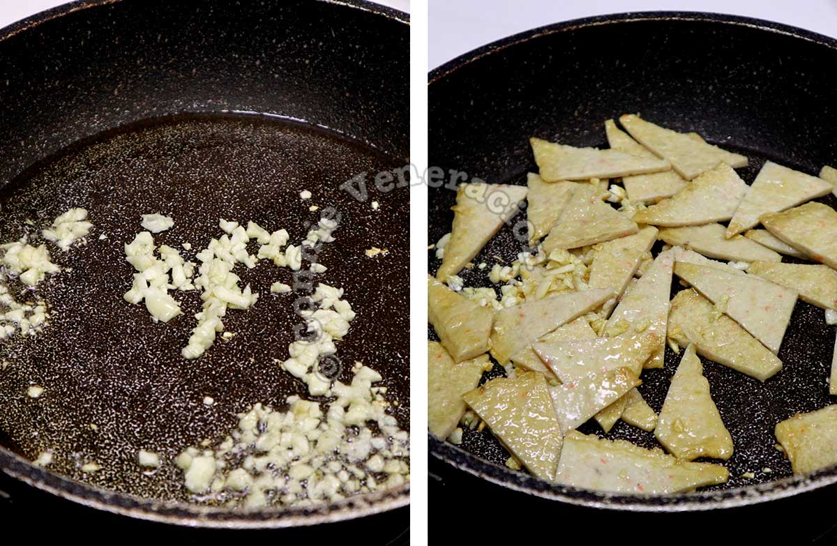 Sauteeing garlic before tossing in fish cakes (odeng)