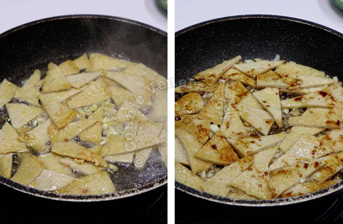 Cooking fish cakes in sake, soy sauce and sugar