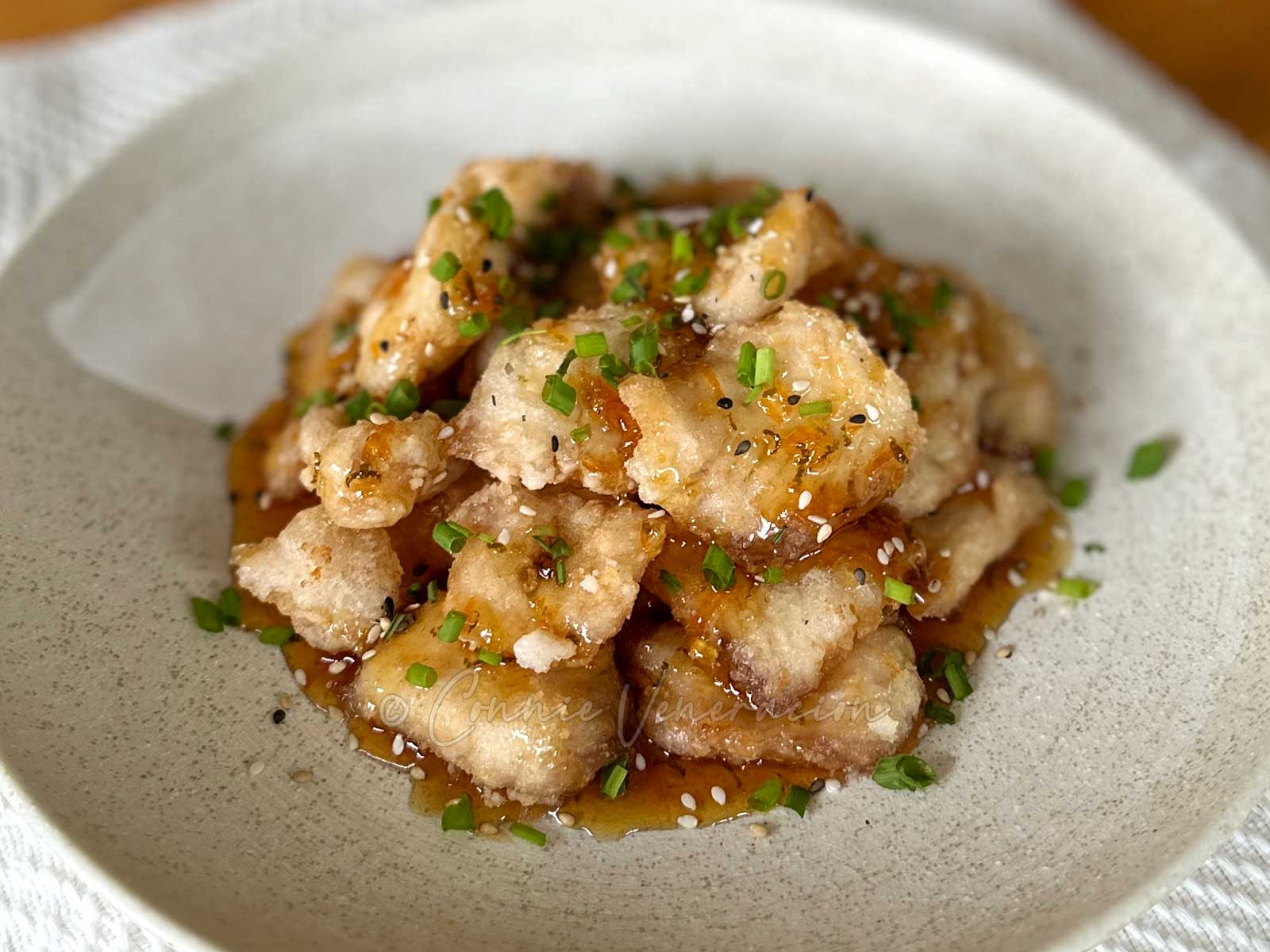 Crispy mahi-mahi with lime and orange sauce