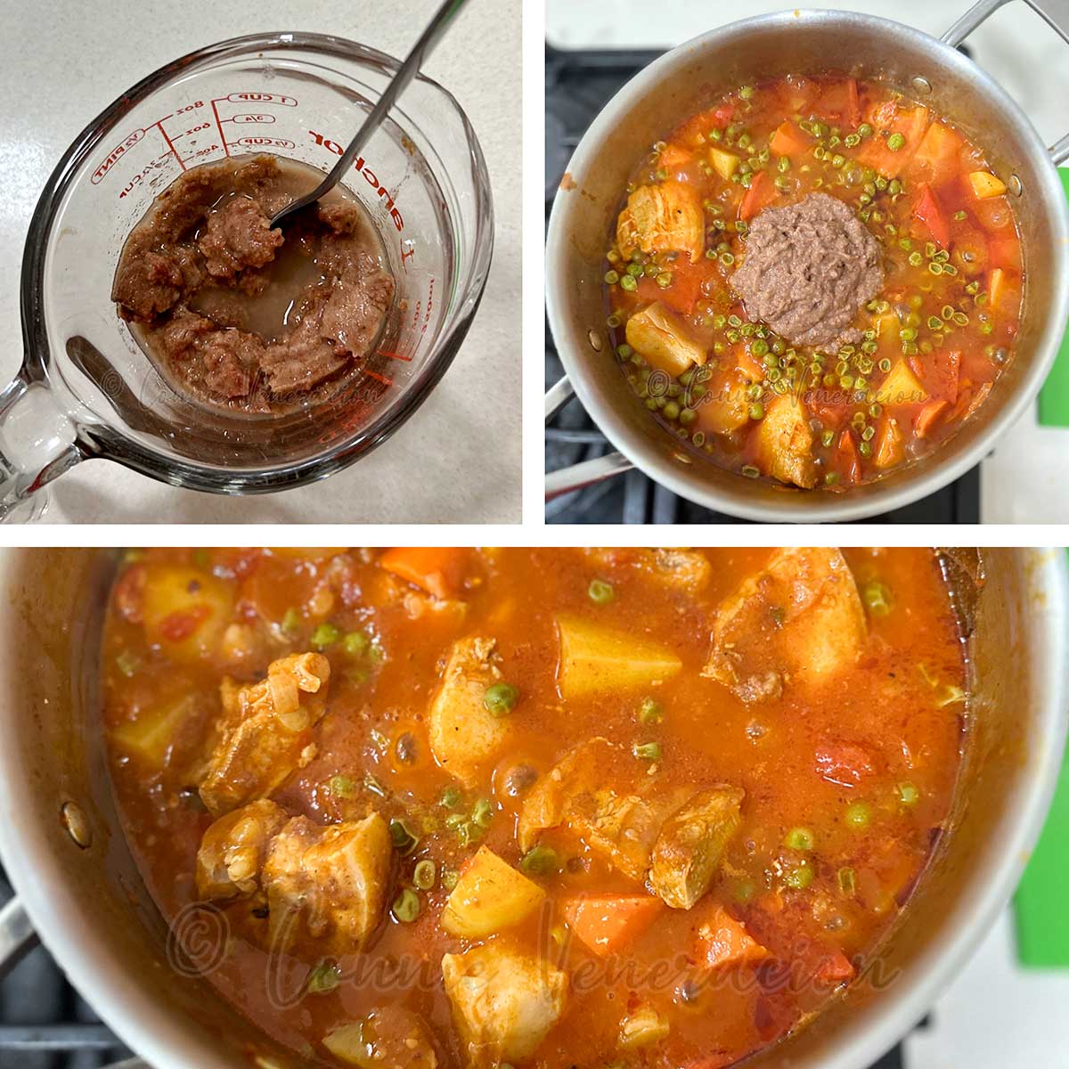 Diluting pork liver pate in water then adding to stew