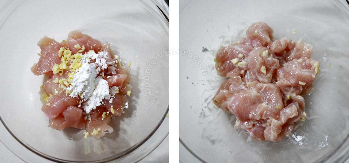 Velveting chicken fillet with Shao xing rice wine and starch