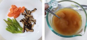 Snow peas, carrot and shiitake / mixing sauce for Moo goo gai pan (chicken and mushroom stir fry)
