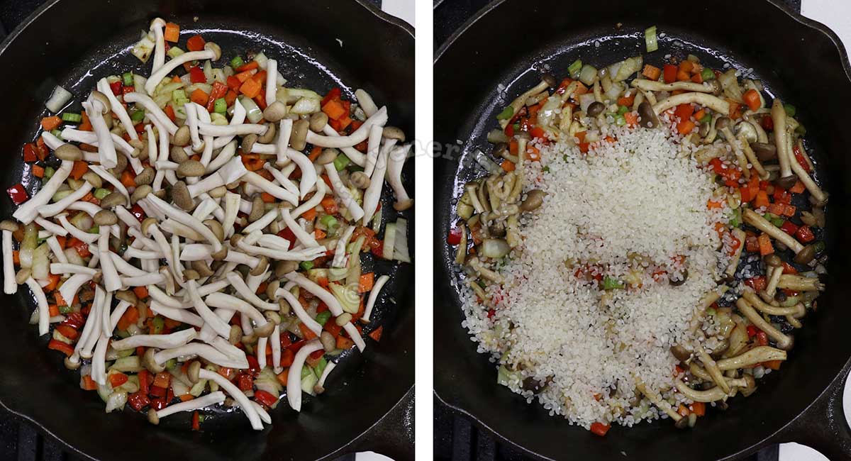 Adding mushrooms and rice to sauteed vegetables in cast iron pan