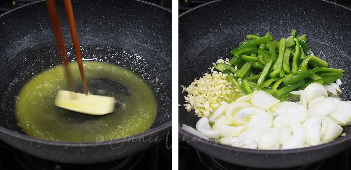 Sauteeing garlic, bell peppers and onion in butter