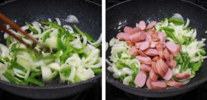 Adding sliced hotdogs to sauteed onion, garlic and bell pepper