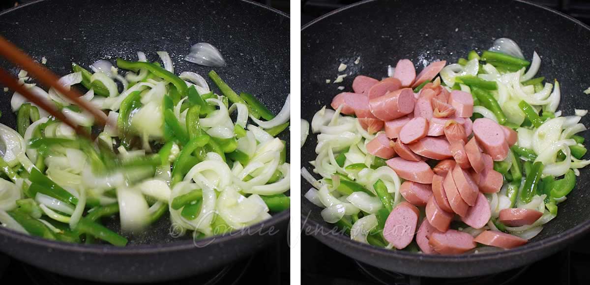 Adding sliced hotdogs to sauteed onion, garlic and bell pepper