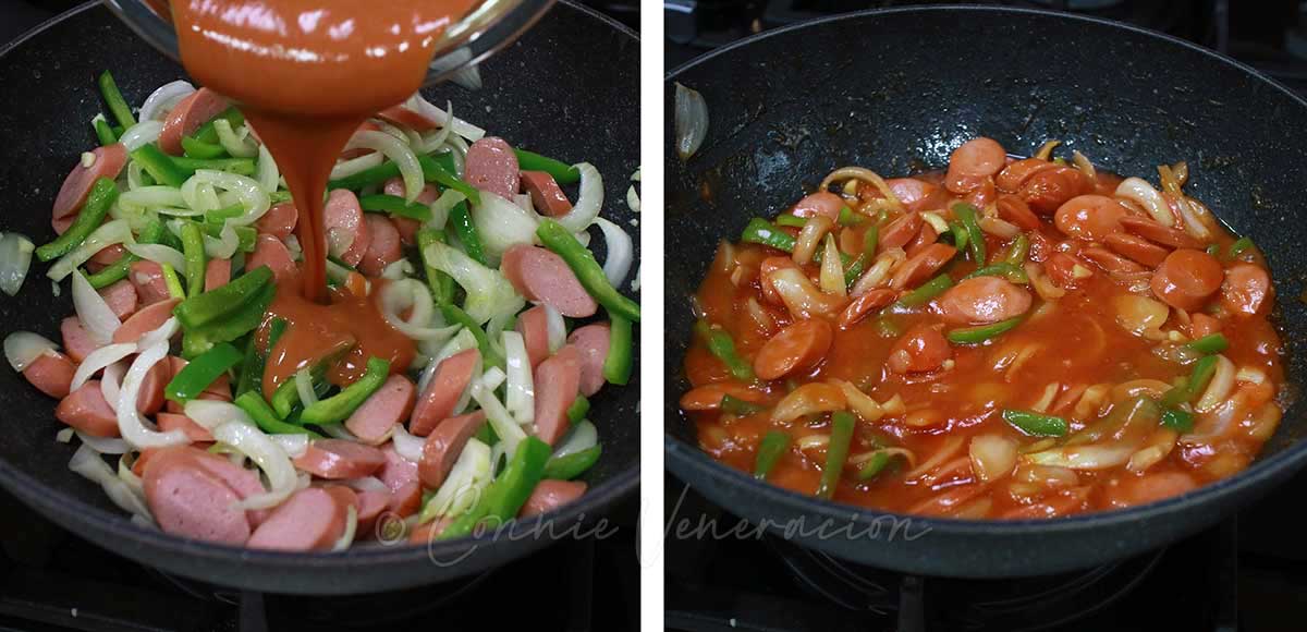 Pouring Naporitan sauce into pan with hotdogs and vegetables
