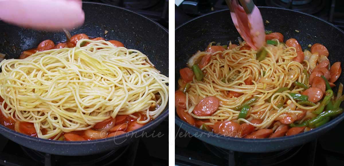 Tossing pasta in sauce to make Naporitan (Japanese ketchup spaghetti)