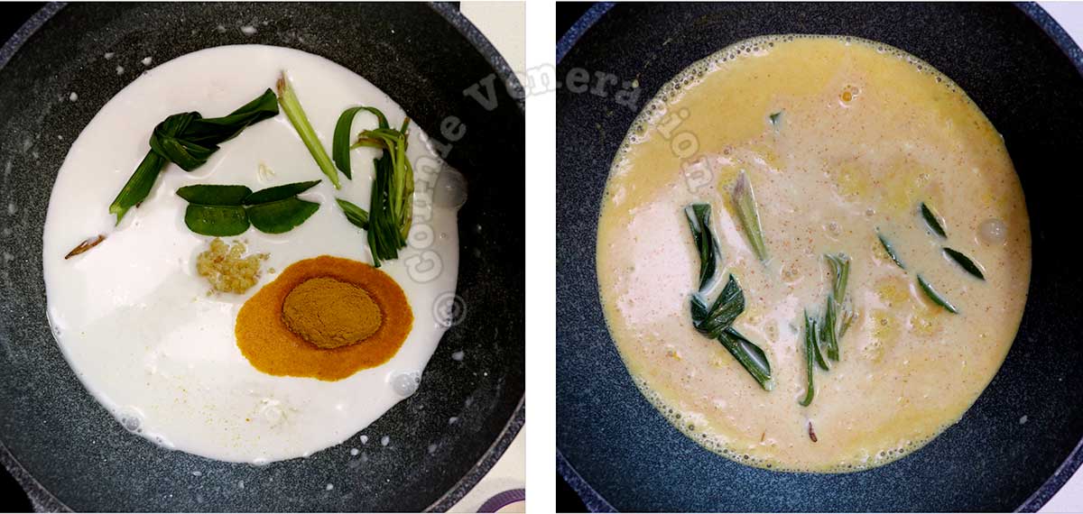 Adding lemongrass, pandan leaves, turmeric, galangal and kaffir lime leaves to rice and coconut milk to make Indonesian yellow rice