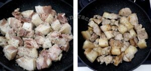 Browning pork belly cubes in oil