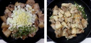 Adding garlic, onion, and oregano to browned pork in pan