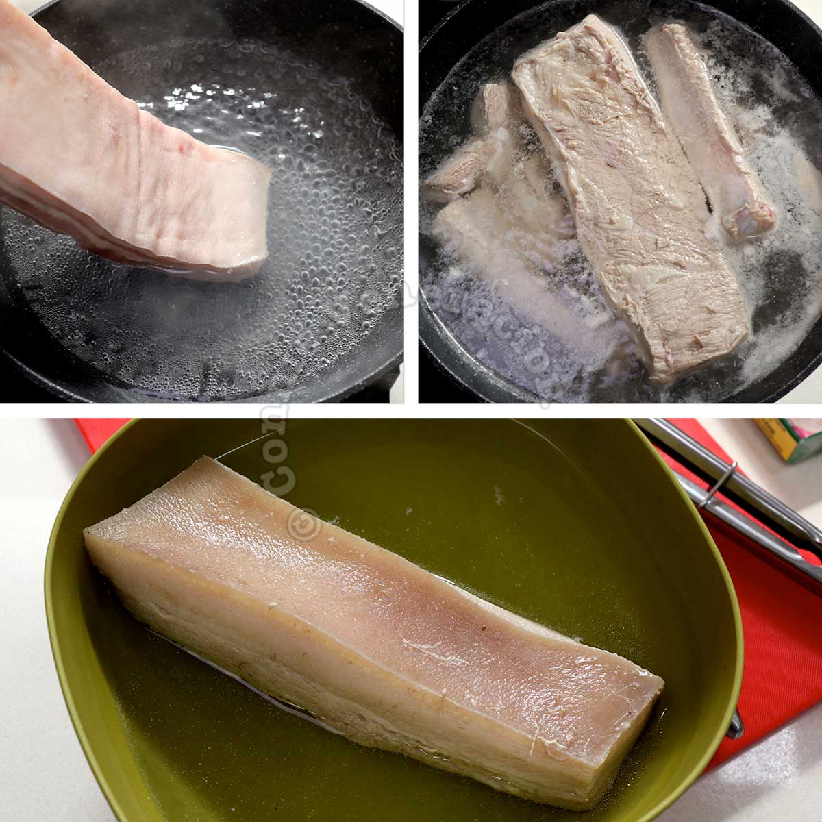 Parboiling a slab of pork belly