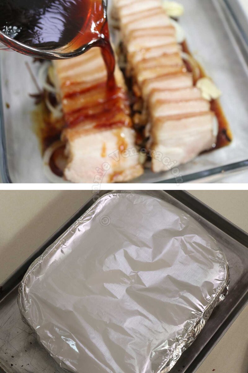 Pouring sauce over pork belly slices in baking pan before sealing with foil